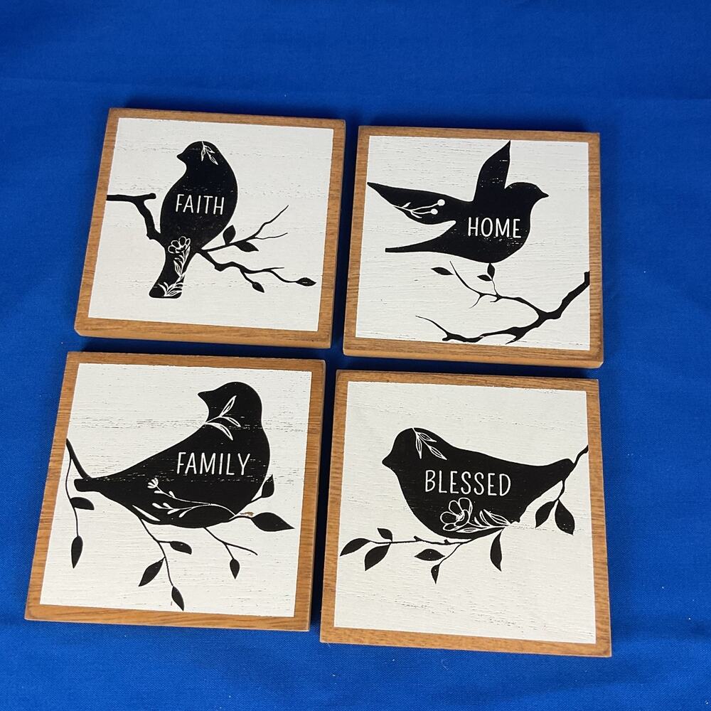 Young's Inc Wood Bird Coasters Set of 4 Faith Home Family Blessed Farmhouse